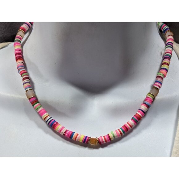 Pink Vinyl Disc Beaded Necklace With Faceted Glass Accents - Picture 4 of 5